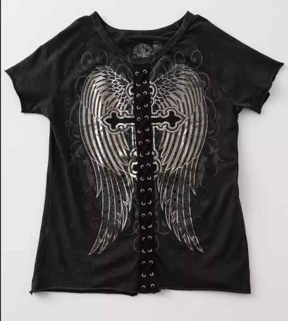 Affliction Women's MYSTIC WINGS Short Sleeve Tie Up Open Back T-Shirt MEDIUM NWT