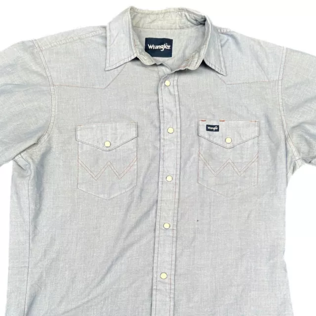 Wrangler Vintage Pearl Snap Button Mens Short Sleeve Shirt Size M Western Blue