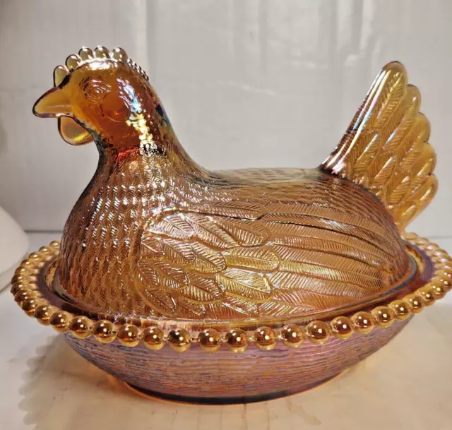 Vintage Indiana Glass Amber Carnival Iridescent Hen On A Nest Candy Dish Chicken
