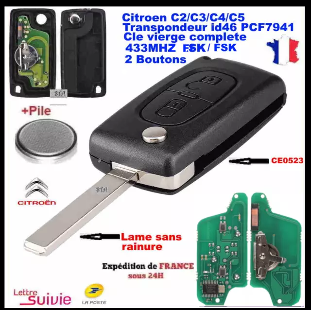 Clé Vierge CE0523  C2 C4 C3 C5 BERLINGO PICASSO 2 BOUTONS 434MHZ FSK LAME SS RAI