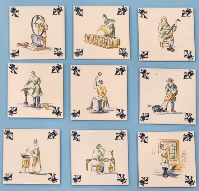 Full Set 9 KLM Airlines DELFT POLICHROME Ceramic Tile Coasters CRAFTS - Vtg