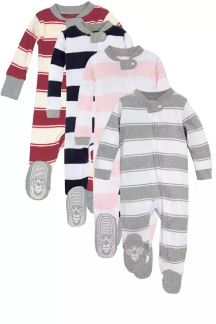 Baby Unisex Boys Girls Burts Bees Striped Babygrow Anti Slip Footie Sleepsuits