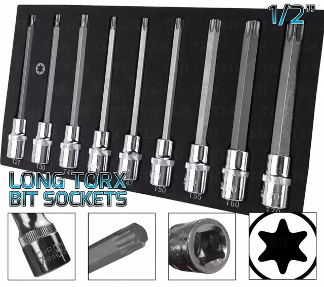 BERGEN Extra Long TORX BIT Socket Set 1/2" Dr Star Keys T27-T70 TX Torx Sockets