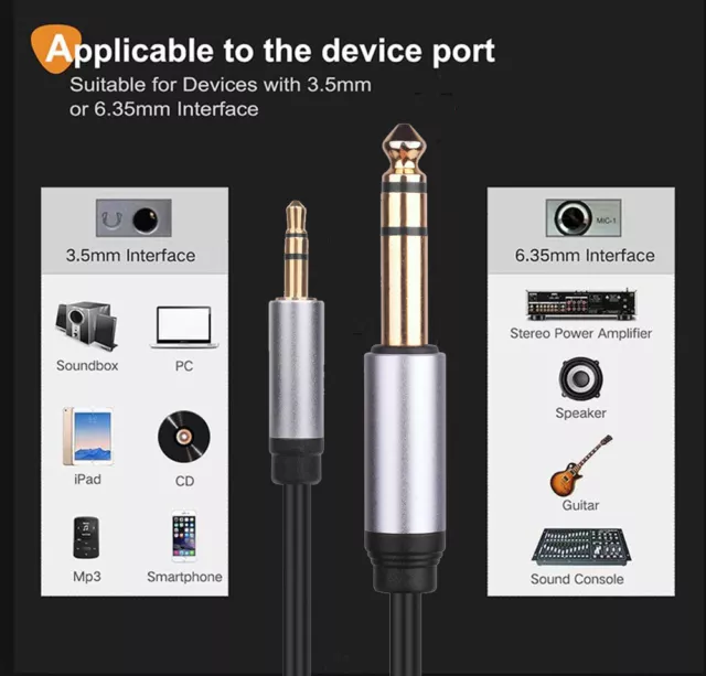 3.5mm Male Jack to 6.35mm 1/4 inch Stereo Audio AUX Plug Connector Cable 5m 3