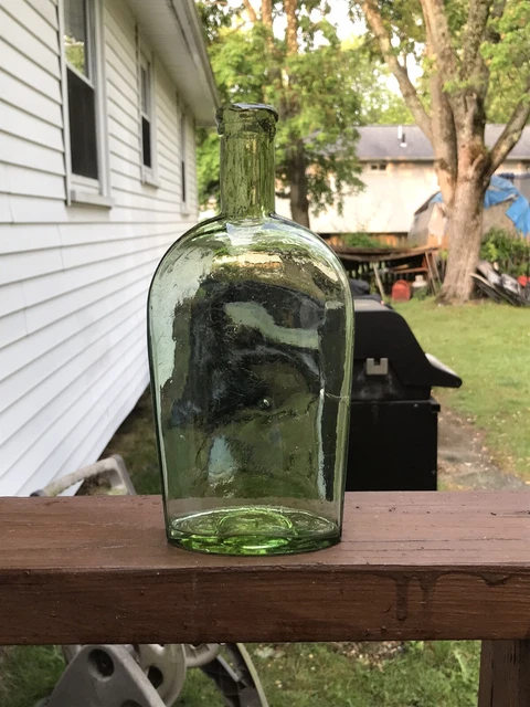1800’S  Beautiful Apple Green Applied Lip  Strapsided Flask