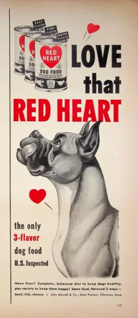 1951 Red Heart 3 Flavor Dog Food Vintage 1950s Print Ad American Boxer Breed