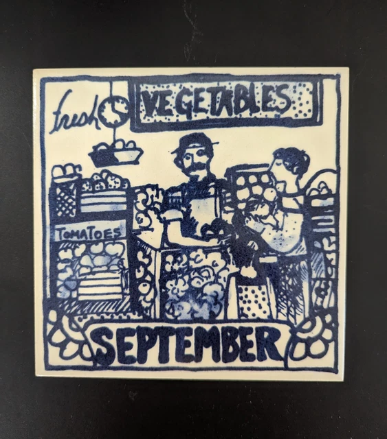 Vintage H & R Johnson England Sept/Vegetables Calendar Tile Blue White Sue Bolt