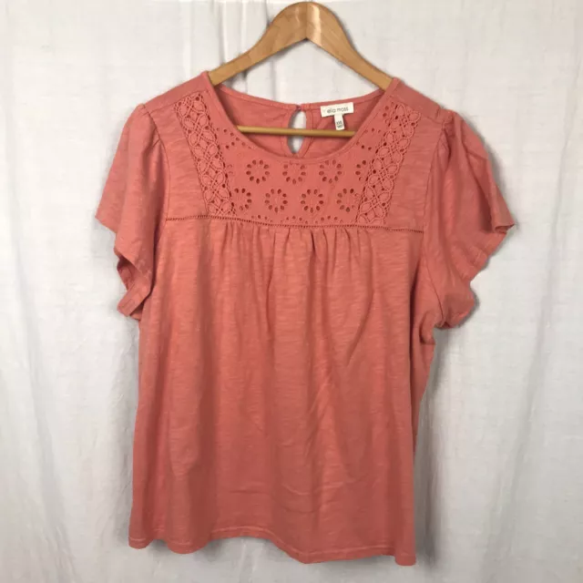 Ella Moss Women's Embroidered Yoke Short Sleeve Tee Shirt Orange/Coral Size XXL