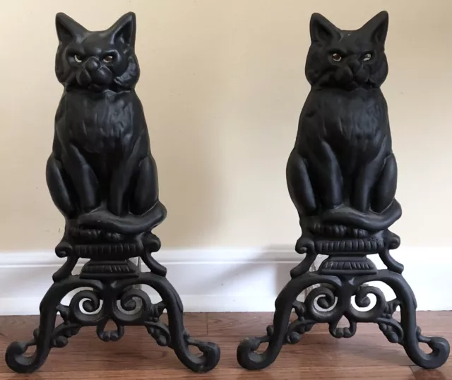 Cast-Iron Halloween Black Cat with Scary Glowing Marble Eyes Fireplace Andirons