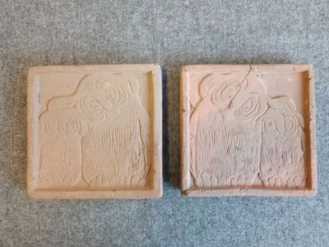 Period Original Arts & Crafts Owl Art Tile Pair Old California Mission Style 5"!