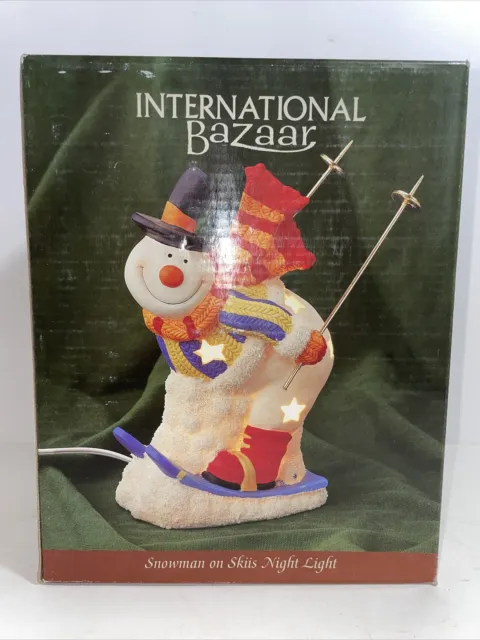 International Bazaar Christmas Skiing Snowman Lighted Original Box Night Light