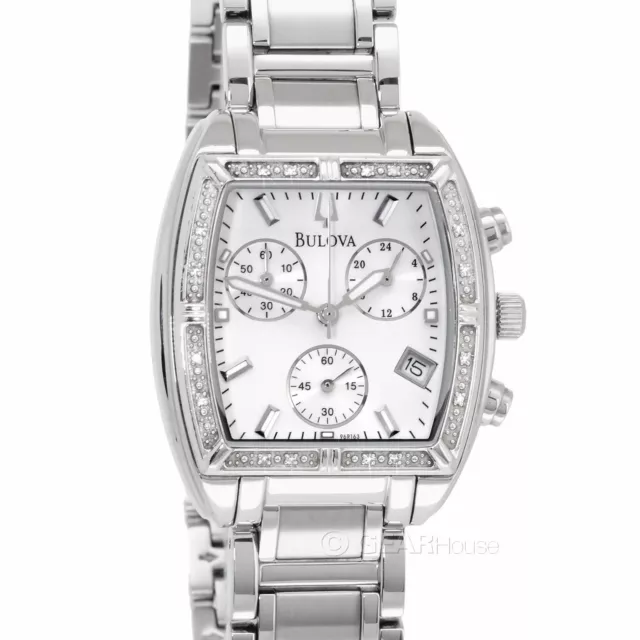 BULOVA Diamonds Womens Tonneau Chronograph Watch, Silver Dial, Stainless Steel