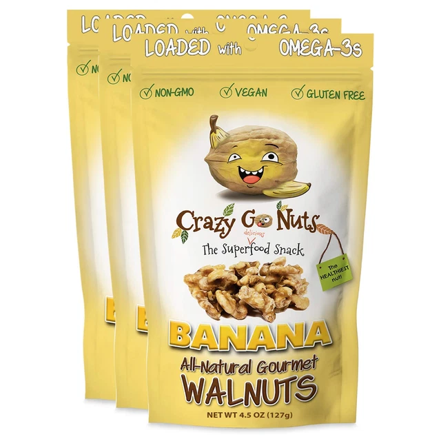 Crazy Go Nuts Walnuts - Banana, 4.5 Oz (3-Pack) - Healthy Snacks, Vegan, Gluten