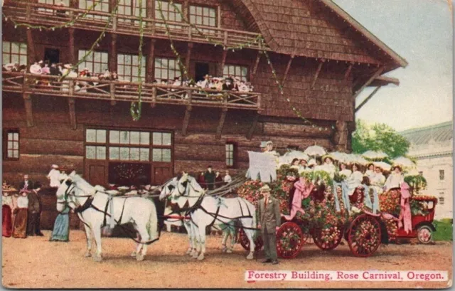 Vintage 1910s PORTLAND Oregon Postcard "Forestry Building, ROSE CARNIVAL" Parade