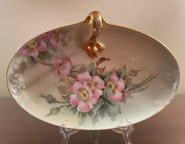 William Guerin Limoges Hand Painted Pink Floral Gold Handled Tray Signed