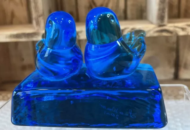 Blue Bird of Happiness Pair on Rectangle! Glass Paperweight Signed Leo Ward 2001