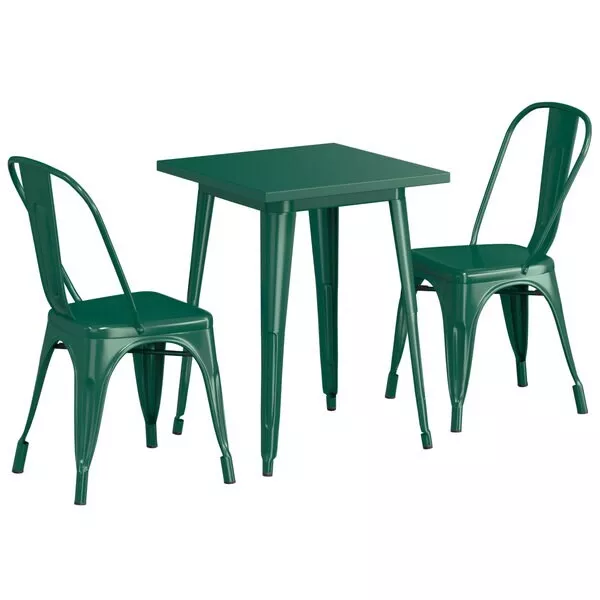 23.5'' Square Emerald Metal Restaurant Table Set with 2 Chairs For Outdoor Use