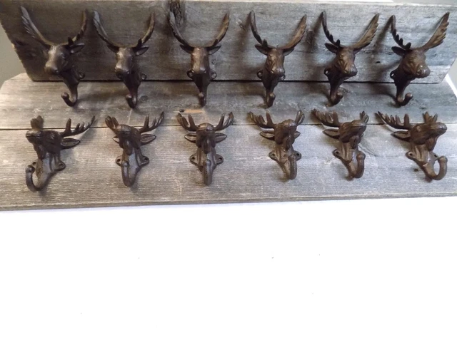 12 Rustic Elk Deer Moose Head Hooks Cast Iron Coat Hook Rack Restoration Hat