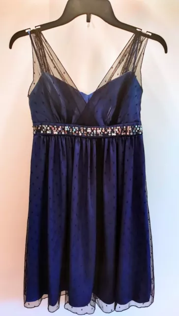 Midnight Blue Satin Sequined Holiday Dress Size 5 Handmade One of A Kind