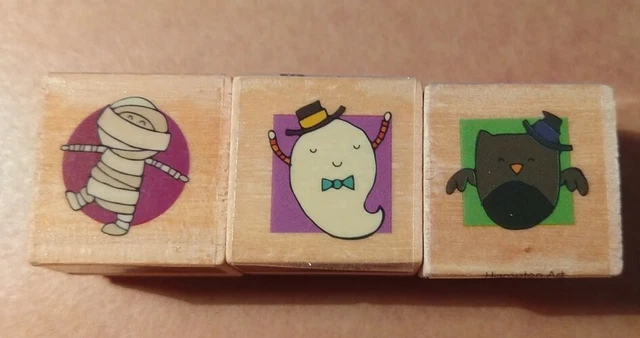 3 Itty Bitty HALLOWEEN MONSTER STAMPS - Studio G Mummy GHOST Owl with Hat
