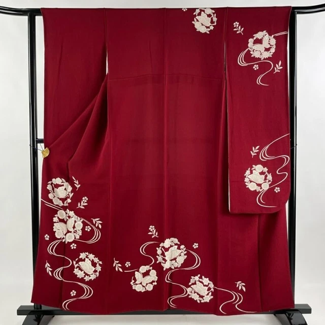 Japanese Kimono Furisode Pure Silk Running Water Crepe Deep Red Color