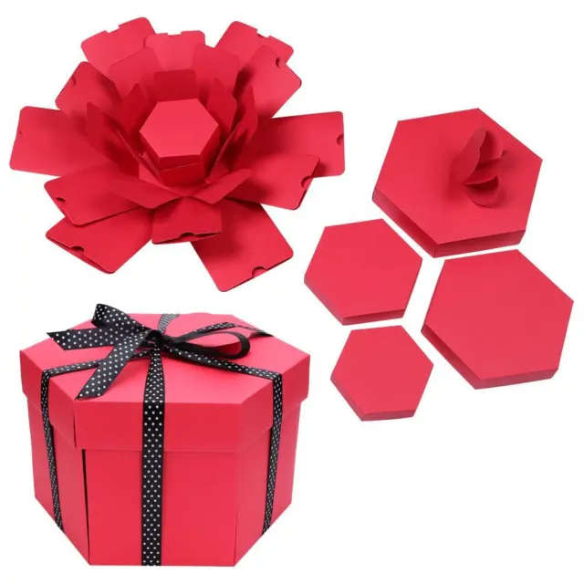 EY# 3Pcs Explosion Box Hexagonal DIY Photo Album Scrapbooking Bomb Box Gift (Red