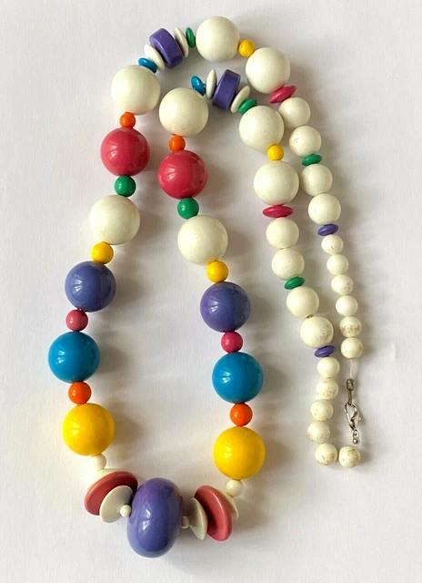 Collier Vintage Perles Plastique Blanc Et Doré - Longueur 58.5 Cm - Excellent état - France