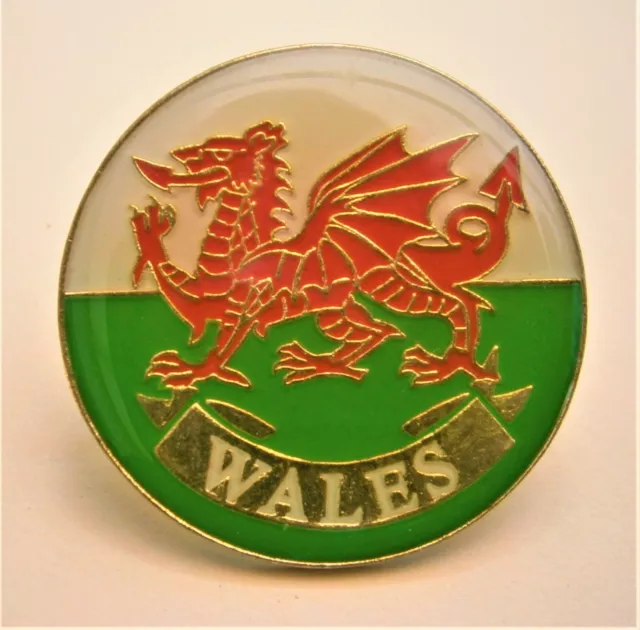 H389:) Vintage enamel Welsh Wales red Dragon round badge lapel pin