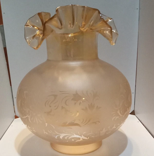 Vinage Amber Etched Art Deco Glass Gas Globe Lamp Shade w/ Crimped Top