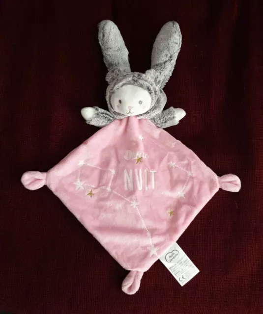 Doudou plat Ours capuche Lapin Rose Gris Blanc Mots d' enfants Douce Nuit Étoile