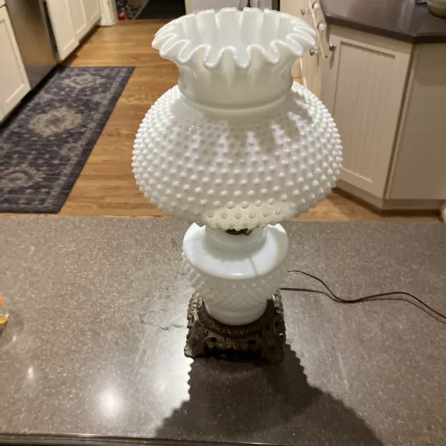 Vintage HOBNAIL White Large Table Lamp Accent Milk Glass Hurricane Parlor Lamp