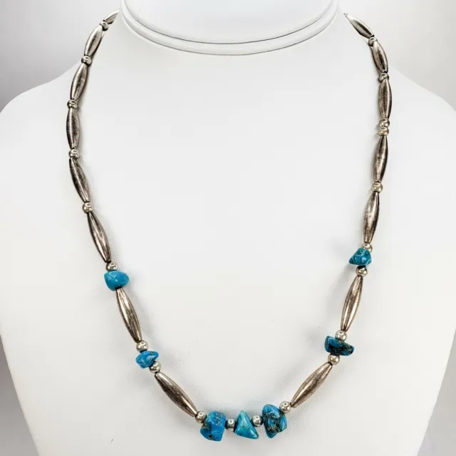 Native American Sterling Silver 925 Long Bead and Turquoise Nugget Necklace 20in