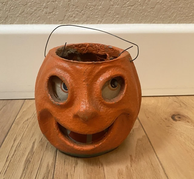 VINTAGE HALLOWEEN PAPER Mache Pumpkin Jack O Lantern Candy Basket 5