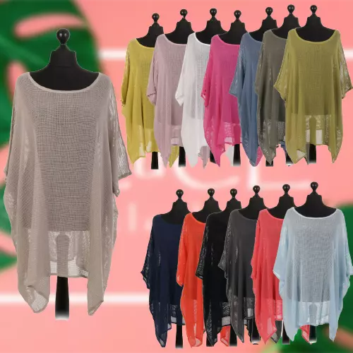 Nuovo Donna Italiano Rete Lagenlook Oversize Kaftano Tunica a Pipistrello Top