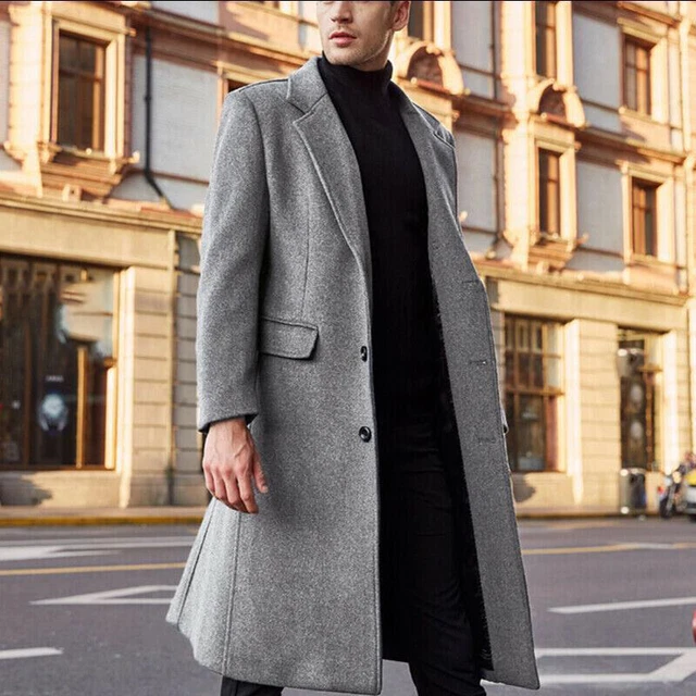 Mens Winter Trench Coats Long Jacket Lapel Neck Outwear Single Breasted Overcoat