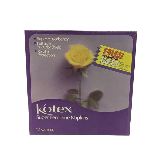 Caja de 12 servilletas Kotex súper femeninas vintage 1977, nueva sellada, caja púrpura nuevo de lote antiguo