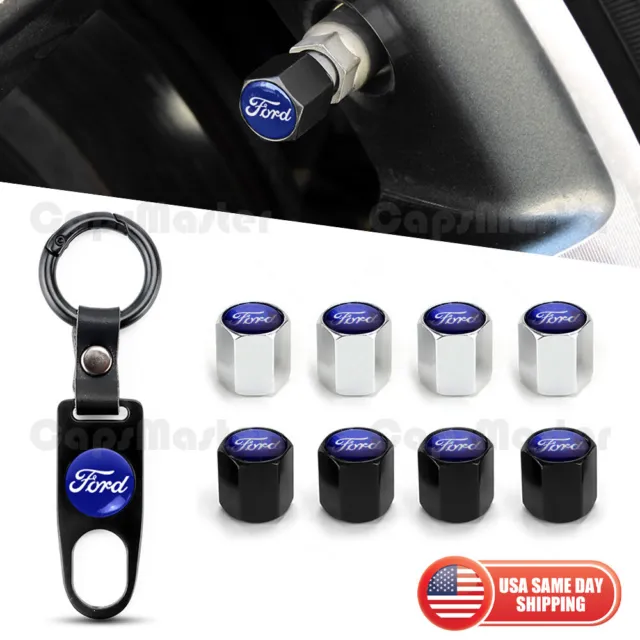 Car Wheels Tire Valve Dust Stem Air Cap Cover + Keychain Ring Fit Ford Sport