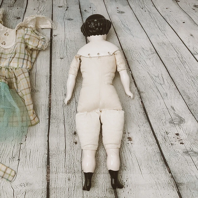 18” Reproduction Porcelain Bisque CHINA Head Arms Leg DOLL Vtg Cloth Body Outfit 9
