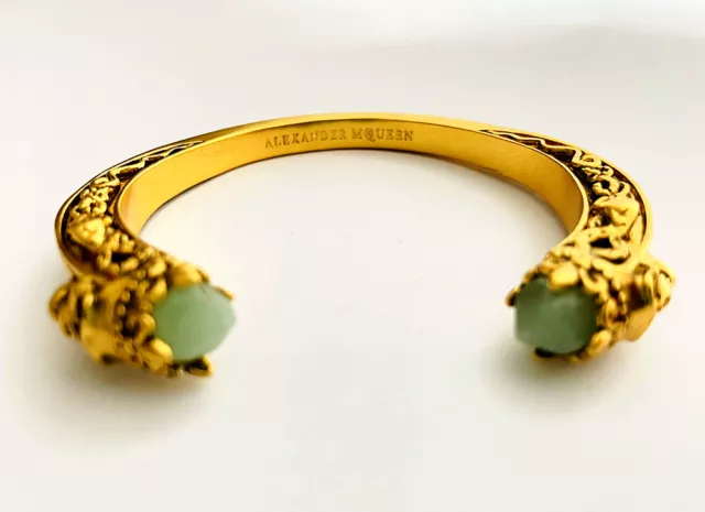 Alexander McQueen Gold tone skull jade open bracelet