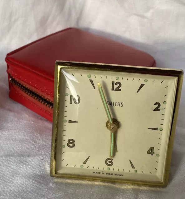 Vintage SMITHS Wind Up Travel Alarm Clock with Glow Arms-Working In Red Case