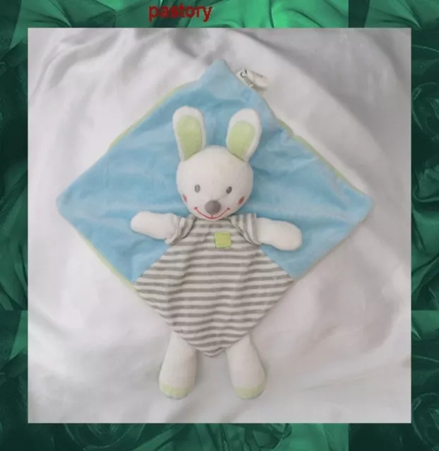 Doudou Peluche Plat Carré Lapin Bleu Blanc Vert Rayures Gris Nicotoy