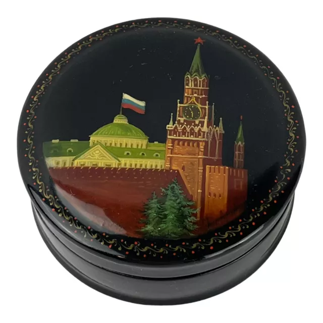 Vintage Russian Black Lacquer Trinket Jewelry Box Fedoskino Pegockuho