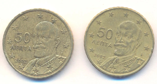 Greece 2002, 2 coins 50 Euro cent, with "F" and without "F" above the year 2002