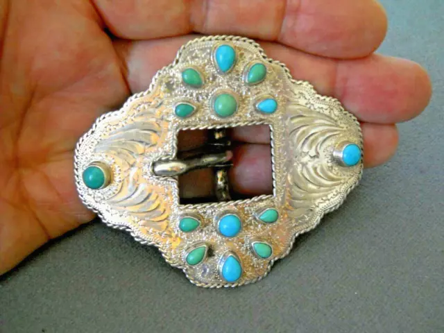 Southwestern Native American Turquoise Cluster Sterling Silver Belt Buckle 3"x2"