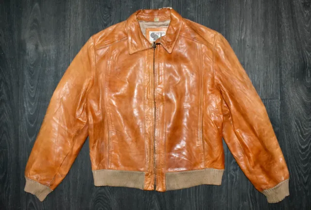 Vtg 70s Silton Soft Mid Brown Leather Bomber Jacket Coat USA Size 42