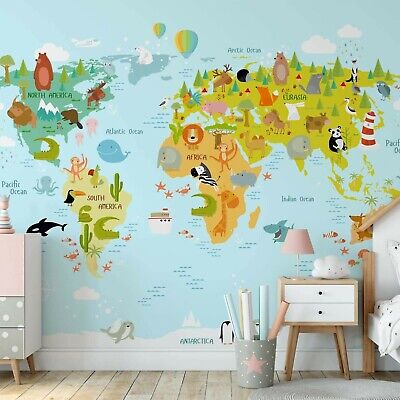 Papel pintado fotográfico mural de pared de 144x100 pulgadas mapa de dibujos animados del mundo + pasta gratuita