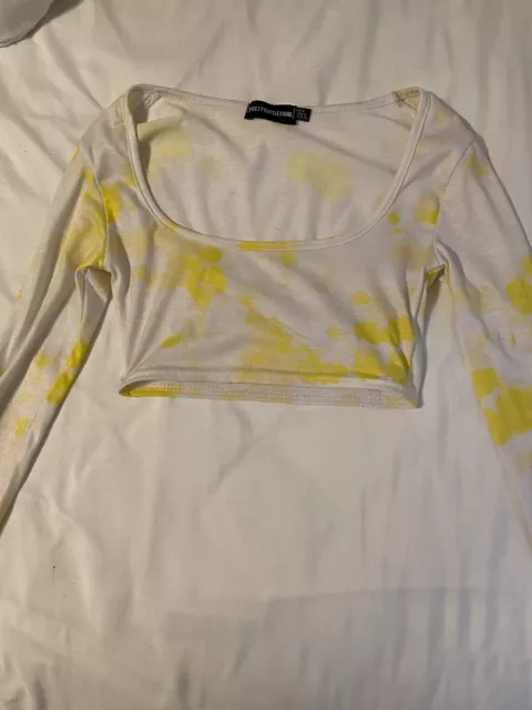 PrettyLittleThing Yellow Tie Dye Crop Top Long Sleeve Size Extra Small