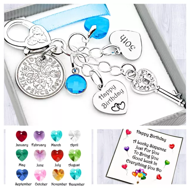 60th. 70th. 80th Birthday Gift. Personalised. Silver Key. Sixpence Keyring