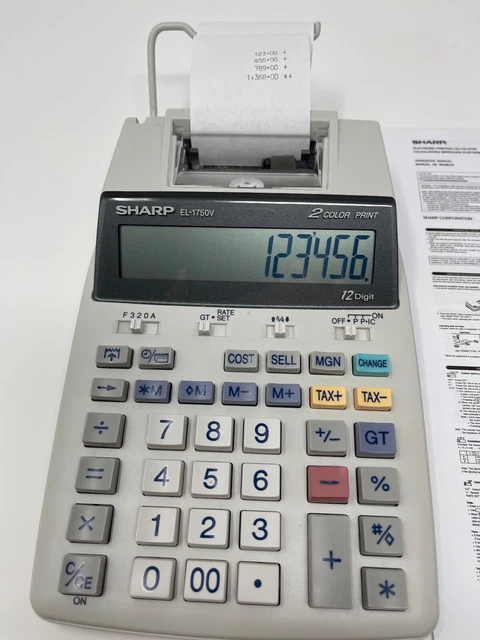 Sharp EL-1750V 2 color calculator runs on batteries or AC Power Adapter included