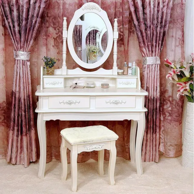 White Vanity Makeup Dressing Table Set w/Stool 4 Drawer&Mirror Jewelry Wood Desk